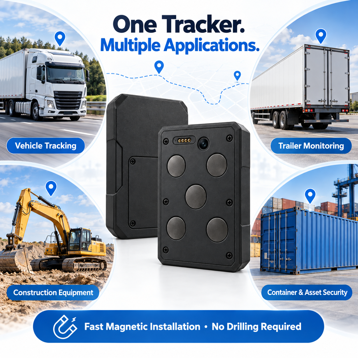 GPS tracker applications for vehicles, trailers, construction equipment and containers